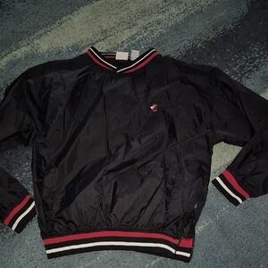 Vintage Jerzees Black Pullover Wind Jacket with Red and White Accents